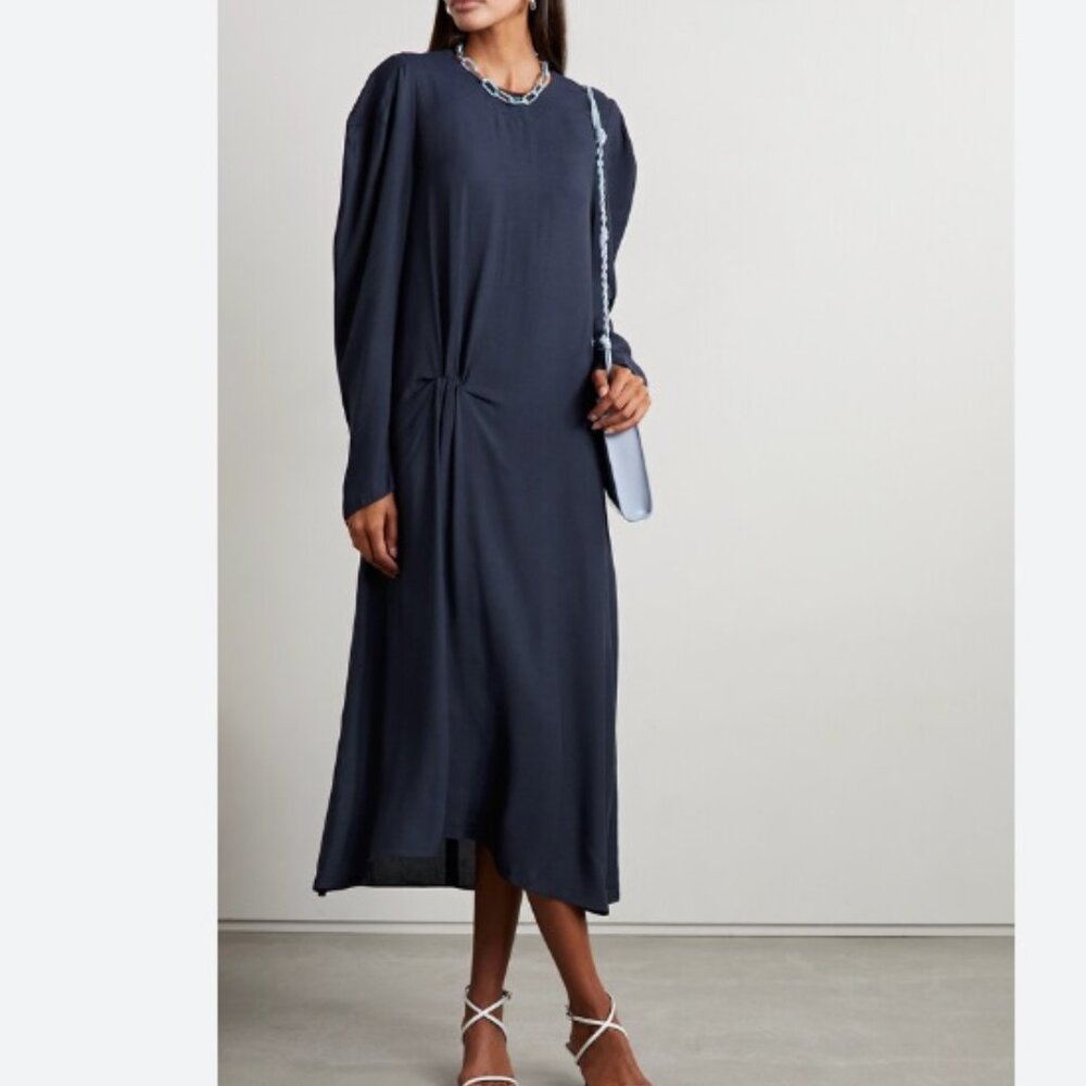 Tibi Women's Navy Blue Gathered Crepe de Chine Midi Dress Size 2
